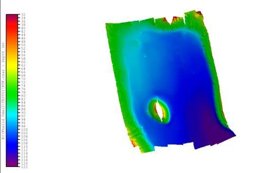 Colour-coded bathymetric surface of the Bayada survey area, with a depth legend